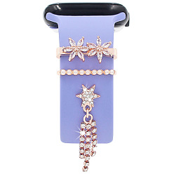 Oro Rosa Conjunto de dijes de correa de reloj de aleación con diamantes de imitación, banda de reloj bucles de anillo decorativos, flor, oro rosa, diámetro interior: 2.2x0.35 cm, 3 PC / sistema