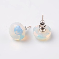 Opalite Demi-dôme rond opalite boucles d'oreille, avec les accessoires en laiton plaqués de platine, 18 mm, broches: 0.8 mm
