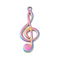 Rainbow Color Placage ionique (ip) 304 pendentifs en acier inoxydable, Coupe au laser, note de musique, couleur arc en ciel, 44x17x1.5mm, Trou: 2mm