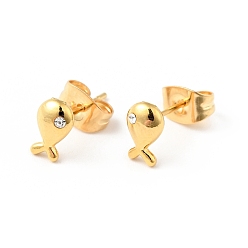 Golden Crystal Rhinestone Tiny Fish Stud Earrings with 316 Stainless Steel Pins for Women, Golden, 7x4mm, Pin: 0.6mm