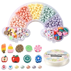 Color mezclado Kit de bricolaje para hacer pulseras de frutas, incluyendo acrílico rondelle y cuentas de letras, cabujones de arcilla polimérica y cuentas de disco, hilo elástico, color mezclado, 499 PC / sistema