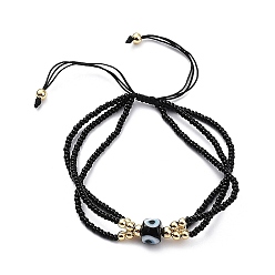 Black Adjustable Glass & Lampwork Evil Eye Braided Beaded Bracelet for Women, Black, Inner Diameter: 1-7/8~2-3/4 inch(4.7~7cm)