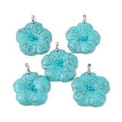 Synthetic Turquoise Synthetic Turquoise Big Pendants, Peach Blossom Charms, with Platinum Plated Alloy Snap on Bails, 57x48x9mm, Hole: 6x4mm