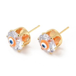 Orange Boucles d'oreilles rondes plates en verre avec mauvais œil en émail, bijoux en laiton plaqué or véritable 18k pour femmes, orange, 11mm, pin: 0.8 mm