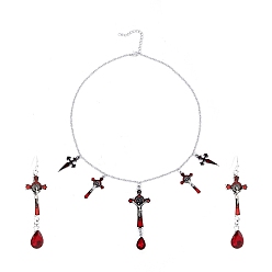 Antique Silver FireBrick Enamel Crucifix Cross with Plastic Teardrop Pendant Necklace & Dangle Earrings, Halloween Theme Alloy Jewelry Set for Women, Antique Silver, 500mm, 67mm, Pin: 0.7mm