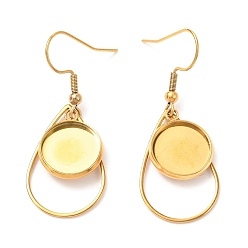 Golden 201 Stainless Steel Earring Hooks, with Flat Round Cabochon Settings, Teardrop, Golden, Tray: 12mm, 44mm, 22 Gauge, Pin: 0.6mm