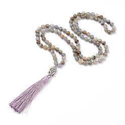 Labradorite Tassel Pendant Necklaces, with Natural Labradorite Beads, Buddha Head, 31.1 inch~33 inch(79~84cm)