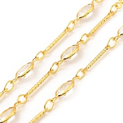 Real 18K Gold Plated Brass Bar & Oval Link Chains, with Clear Cubic Zirconia, Lead Free & Cadmium Free, Soldered, with Spool, Real 18K Gold Plated, 12x1.5x1mm, 11.5x4.5x2mm