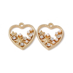 Oro Colgantes de diamantes de imitación de aleación de cristal, con cuentas de perlas de imitación de plástico abs, encanto de corazón con estrella, dorado, 21.5x18x3 mm, agujero: 2 mm