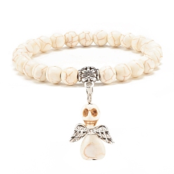 Blanc Bracelet extensible en perles synthétiques turquoise (teint) avec breloque tête de mort, bijoux en pierres précieuses pour femmes, blanc, diamètre intérieur: 2-1/8 pouce (5.4 cm)