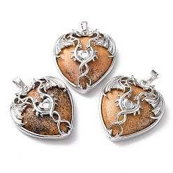 Picture Jasper Natural Picture Jasper Heart Pendant Rhinestone Settings, Rack Plating Platinum Plated Brass Wings Charms, Long-Lasting Plated, Fit for 3mm Rhinestone, 37x33x10~11.5mm, Hole: 8x5mm