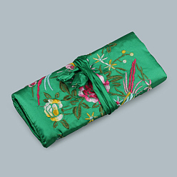 Vert Mer Pochettes en rouleau à fermeture éclair en soie rectangle rétro, sacs de rangement de bijoux de fleurs brodées avec corde à cordon, vert de mer, 20x9 cm, ouvert: 27x20 cm