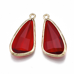 Red Glass Pendants, with Brass Findings, Faceted, teardrop, Golden, Red, 28.5x14x6mm, Hole: 1.5mm