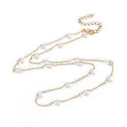 Golden Vacuum Plating 304 Stainless Steel Beaded Necklaces, with Plastic Imitation Pearl Beads and Curb Chains, Golden, 17.72 inch(45cm)