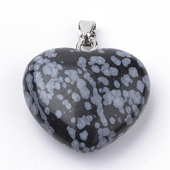 Obsidienne De Flocon De Neige Pendentifs d'obsidianl de flocon de neige naturel, avec les accessoires en alliage, cœur, platine, 27~29x28x11mm, Trou: 3.5x5mm