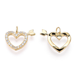 Real 18K Gold Plated 925 Sterling Silver Micro Pave Cubic Zirconia Charms, with S925 Stamp and Jump Ring, Heart with Arrow Charms, Nickel Free, Real 18K Gold Plated, 10x14x2mm, Hole: 2.2mm