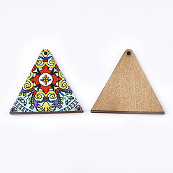 Colorful Printed Basswood Pendants, Back Random Color, Triangle, Colorful, 32x34x3mm, Hole: 1.5mm