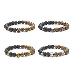 Mixed Color Natural Wenge Wood & Lava Rock Beaded Stretch Bracelet Sets with Synthetic Hematite Beads, Alloy Skull Head Bracelet, Mixed Color, Inner Diameter: 2-3/8 inch(6cm), 4pcs/set