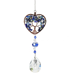 Lapis Lazuli Big Pendant Decorations, Hanging Sun Catchers, with Lapis Lazuli Beads and K9 Crystal Glass, Heart with Tree of Life, 35.5cm