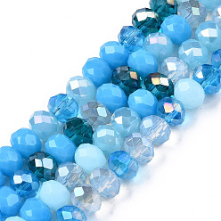Deep Sky Blue Electroplate Glass Beads Strands, Faceted, Rondelle, Deep Sky Blue, 5.5~6x5mm, Hole: 1mm, about 90~92pcs/strand, 16.54 inch~16.93 inch(42~43cm)