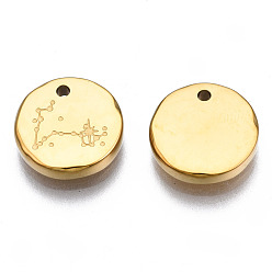 Pisces 316 Surgical Stainless Steel Charms, Flat Round with Constellation, Real 14K Gold Plated, Pisces, 10x2mm, Hole: 1mm