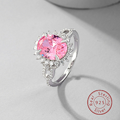 Platinum Rhodium Plated Sterling Silver Oval Adjustable Ring, with Pink Cubic Zirconia, with 925 Stamp, Platinum, US Size 6(16.5mm)