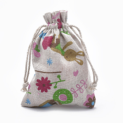 Old Lace Polycotton(Polyester Cotton) Packing Pouches Drawstring Bags, with Printed Flower and Rabbit, Old Lace, 14x10cm