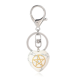 Howlite Coeur de howlite synthétique avec porte-clés symbole kore, Porte-clés en pierre d'énergie reiki, pour sac, bijoux, décoration cadeau, 9.5x3 cm