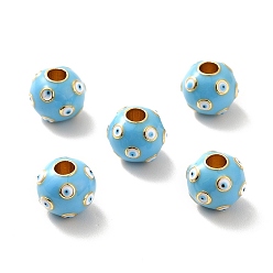Sky Blue Rack Plating Brass Enamel Beads, Real 18K Gold Plated, Cadmium Free & Lead Free & Nickle Free, Round with Evil Eye, Sky Blue, 10x8.5mm, Hole: 3mm