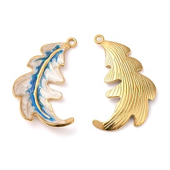Steel Blue 304 Stainless Steel Enamel Pendants, Real 18K Gold Plated, Feather Charm, Steel Blue, 38x27x3mm, Hole: 2mm