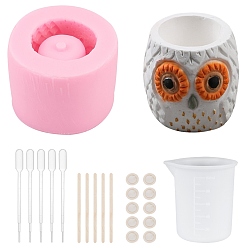 Pink Owl Shape Silicone Molds Kits, with Birch Wooden Ice Cream Sticks, Latex Finger Cots, Plastic Dropper, Pink, 80.5x61.5mm, Inner Diameter: 46.5mm