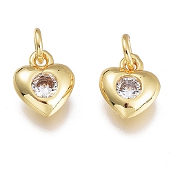 Clear Brass Micro Pave Cubic Zirconia Charms, with Jump Ring, Heart, Golden, Clear, 7.5x6.5x2.5mm, Hole: 1.5mm, Jump rings: 3.5x0.8mm