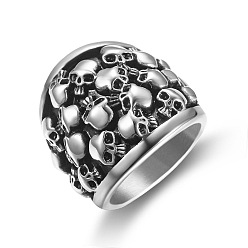 Antique Silver Titanium Steel Skull Finger Ring, Gothic Punk Jewelry for Men Women, Antique Silver, US Size 15(23.8mm)