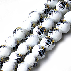 Colorido Perlas de vidrio impresas y en spray, redondo con patrón de abeja, colorido, 12~12.5x11.5 mm, agujero: 1.4 mm
