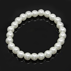 Белый Стеклянный жемчуг бисером браслеты простирания, белые, внутренний диаметр: 1-5/8 дюйм (4 см), бусина : 6 mm