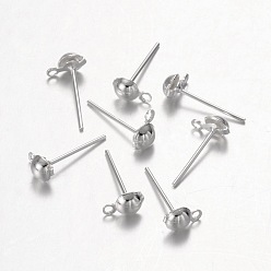 Silver Iron Half Ball Post Ear Studs, with Loop, Silver Color Plated, Size: about 4mm wide, 13mm long, hole: 1mm, half ball: 4.3mm in diameter