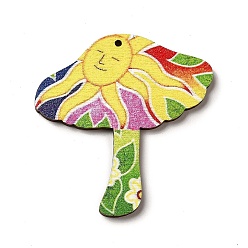 Yellow Printed Wooden Pendants, Mushroom Charms with Sun, for DIY Jewelry Decorated Making, Yellow, 45x43x2mm, Hole: 2mm
