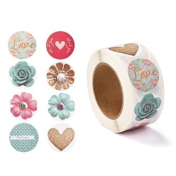Mixed Color 3D Flower & Heart Pattern Roll Stickers, Self-Adhesive Paper Gift Tag Stickers, for Party, Decorative Presents, Mixed Color, 6.3x2.85cm