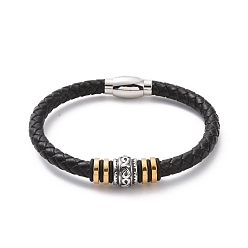 Golden & Stainless Steel Color 304 Stainless Steel Column Beaded Bracelet with Magnetic Clasps, Black Leather Braided Cord Punk Wristband for Men Women, Golden & Stainless Steel Color, 8-1/2 inch(21.5cm)