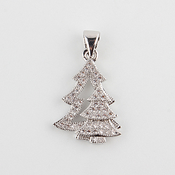 Platinum Filigree Christmas Tree Brass Micro Pave Cubic Zirconia Pendants, Platinum, 20x14.5x2mm, Hole: 4.5x3mm