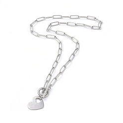 Stainless Steel Color Heart 304 Stainless Steel Pendant Necklaces, with Paperclip Chains and Toggle Clasps, Stainless Steel Color, 17.12 inch(43.5cm)