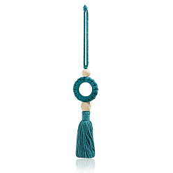 Bleu Vert Bague avec des décorations de pendentif en coton macramé avec des perles de bois, pour ornement suspendu de rétroviseur intérieur de voiture, sarcelle, 275x45mm