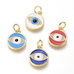 Golden Brass Micro Pave Cubic Zirconia Pendants, with Enamel, Flat Round and Eye, Clear, Golden, 16x13x2.5mm, Hole: 3.4mm