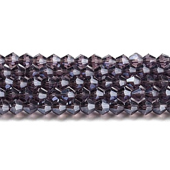 Violet Transparent Electroplate Glass Beads Strands, Pearl Luster Plated, Faceted, Bicone, Violet, 4x4mm, Hole: 0.8mm, about 87~98pcs/strand, 12.76~14.61 inch(32.4~37.1cm)