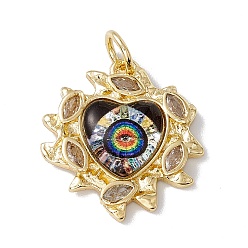 Colorful Brass Micro Pave Clear Cubic Zirconia Pendants, with Resin and Jump Rings, Lead Free & Cadmium Free, Heart with Eye Charm, Real 18K Gold Plated, Colorful, 21.5x20x4.5mm, Hole: 4mm