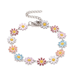 Colorful Enamel Daisy Link Chains Bracelet, 304 Stainless Steel Jewelry for Women, Stainless Steel Color, Colorful, 7-1/4 inch(18.4cm)