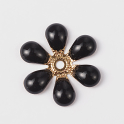 Negro Perlas de esmalte de bronce de la flor, dorado, negro, 16x18x2 mm, agujero: 2 mm