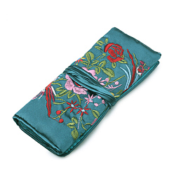 Bleu Vert Pochettes en rouleau à fermeture éclair en soie rectangle rétro, sacs de rangement de bijoux de fleurs brodées avec corde à cordon, sarcelle, 20x9 cm, ouvert: 27x20 cm