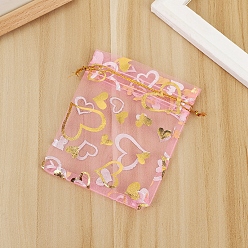 Pink Sacs-cadeaux rectangulaires en organza avec cordon de serrage, pochettes en forme de coeur d'estampage d'or pour le stockage de cadeaux de noce, rose, 16x11 cm