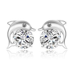 Crystal Real Platinum Plated Dolphin Brass Stud Earrings, with Rhinestone, Crystal, 10x10mm